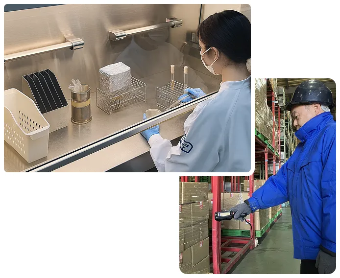 安心・安全をお客様へお届けするための品質検査 / 確実の商品をお届けするための出荷管理